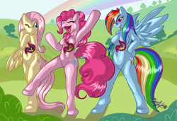 Size: 900x614 | Tagged: safe, alternate version, artist:renaayama, imported from derpibooru, fluttershy, pinkie pie, rainbow dash, anthro, endosoma, flutterpred, non-fatal vore, pinkie pred, preddash, rugae, vore