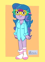 Size: 535x731 | Tagged: safe, artist:garybaldor, imported from derpibooru, izzy moonbow, human, equestria girls, clothes, equestria girls-ified, female, g5, g5 to equestria girls, g5 to g4, generation leap, long sleeved shirt, long sleeves, pajamas, shirt, signature, sleep mask, socks, solo