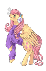 Size: 3300x5100 | Tagged: safe, artist:ashley-the-muffin, imported from derpibooru, fluttershy, pegasus, pony, clothes, earmuffs, female, looking up, mare, open mouth, open smile, raised hoof, simple background, smiling, solo, sweater, transparent background