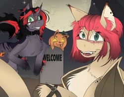 Size: 1280x1006 | Tagged: safe, imported from derpibooru, oc, bat pony, pony, unicorn, chest fluff, choker, female, freckles, horn, npn (nightmare pony night), pumpkin, trio