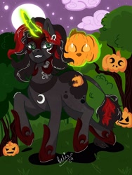 Size: 1536x2048 | Tagged: safe, imported from derpibooru, oc, pony, unicorn, chest fluff, choker, female, freckles, horn, npn (nightmare pony night), pumpkin