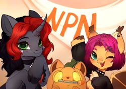 Size: 2560x1809 | Tagged: safe, imported from derpibooru, oc, oc only, bat pony, pony, unicorn, chest fluff, choker, female, freckles, horn, npn (nightmare pony night), pumpkin, trio