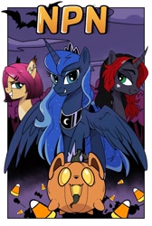 Size: 1455x2160 | Tagged: safe, imported from derpibooru, princess luna, oc, alicorn, bat pony, pony, unicorn, choker, female, freckles, horn, npn (nightmare pony night), pumpkin