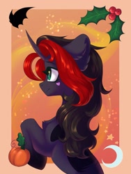 Size: 1621x2160 | Tagged: safe, artist:jsunlight, imported from derpibooru, oc, oc only, pony, unicorn, chest fluff, ear fluff, female, freckles, heart, holly, horn, mare, npn (nightmare pony night), pumpkin, solo