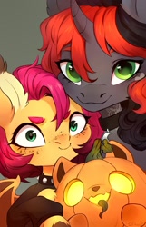 Size: 1388x2160 | Tagged: safe, artist:sofiko-ko, imported from derpibooru, oc, oc only, bat pony, pony, unicorn, choker, female, freckles, horn, npn (nightmare pony night), pumpkin, trio