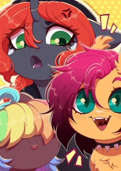 Size: 1527x2160 | Tagged: safe, imported from derpibooru, oc, oc only, bat pony, pony, unicorn, chest fluff, choker, female, freckles, horn, npn (nightmare pony night), pumpkin, trio