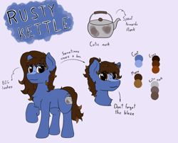 Size: 2048x1653 | Tagged: safe, artist:rusty kettle, imported from derpibooru, oc, oc only, oc:rusty kettle, earth pony, pony, blue coat, brown eyes, brown mane, long mane, male, reference sheet, simple background, solo, stallion