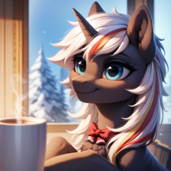 Size: 962x962 | Tagged: safe, imported from derpibooru, oc, oc:velvet remedy, pony, unicorn, fallout equestria, ai content, ai generated, bow, coffee, generator:pony diffusion v6 xl, generator:stable diffusion, horn, indoors, prompter:teonanakatle, solo, winter