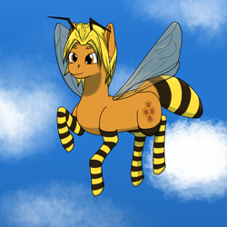 Size: 2000x2000 | Tagged: safe, artist:terminalhash, imported from derpibooru, oc, bee pony, original species, pony, clothes, cloud, flying, sky, socks, solo