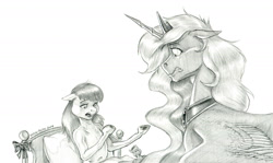 Size: 1400x837 | Tagged: safe, artist:baron engel, imported from derpibooru, apple bloom, princess luna, alicorn, earth pony, pony, bed, female, human shoulders, mare, monochrome, pencil drawing, ribcage, story included, thin, traditional art