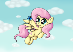 Size: 4556x3252 | Tagged: safe, artist:background basset, imported from derpibooru, fluttershy, butterfly, pegasus, pony, flying, sky, smiling, spread wings, wings