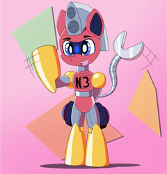 Size: 1440x1498 | Tagged: safe, artist:trackheadtherobopony, imported from derpibooru, oc, oc only, oc:trackhead, pony, robot, robot pony, semi-anthro, gradient background, greeting, prehensile tail, solo, tail