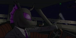 Size: 3127x1570 | Tagged: safe, artist:john_pepsi, imported from derpibooru, oc, oc only, changeling, car, changeling hive, changeling oc, clothes, driving, jacket, male, necktie, night, purple changeling, shirt, vehicle