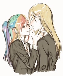 Size: 1230x1487 | Tagged: safe, artist:saruko648, imported from derpibooru, applejack, rainbow dash, human, appledash, cigarette, cigarette kiss, clothes, duo, female, humanized, lesbian, school uniform, shipping, smoking
