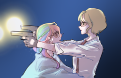 Size: 2048x1315 | Tagged: safe, artist:saruko648, imported from derpibooru, applejack, rainbow dash, human, appledash, blue shirt guy, clothes, duo, female, free guy, gun, handgun, humanized, lesbian, molotov girl, parody, pistol, shipping, shirt, sunglasses, suspenders, weapon