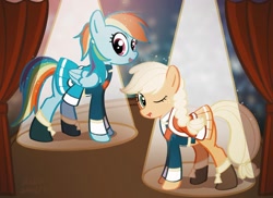 Size: 2048x1495 | Tagged: safe, artist:saruko648, imported from derpibooru, applejack, rainbow dash, earth pony, pegasus, pony, artist name, blurry background, clothes, cosplay, costume, duo, female, looking at you, mare, one eye closed, shoujo kageki revue starlight, spotlight, sword, weapon, wink