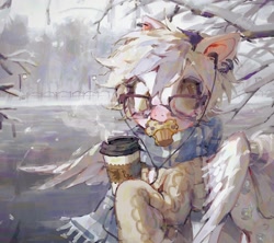 Size: 2048x1820 | Tagged: safe, artist:p0nyplanet, imported from derpibooru, derpy hooves, pegasus, pony, alternate cutie mark, clothes, coffee, coffee cup, cup, ear piercing, earbuds, earring, female, food, glasses, jewelry, mare, mouth hold, muffin, piercing, scarf, snow, snowfall, solo, sweater, water