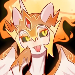 Size: 1500x1500 | Tagged: safe, artist:puzi, imported from derpibooru, daybreaker, alicorn, pony, armor, crown, fangs, female, icon, jewelry, mare, regalia, solo, spread wings, tongue out, wings