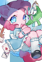 Size: 1181x1748 | Tagged: safe, artist:puzi, imported from derpibooru, gummy, pinkie pie, alligator, earth pony, pony, semi-anthro, alice, alice in wonderland, arm hooves, bloomers, bunny ears, card, clothes, cosplay, costume, crossover, cup, cute, diapinkes, dress, female, food, looking at you, mare, no pupils, open mouth, pocket watch, puffy sleeves, simple background, solo, tea, teacup, transparent background