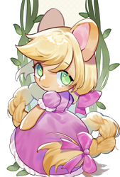 Size: 1181x1748 | Tagged: safe, artist:puzi, imported from derpibooru, applejack, earth pony, pony, semi-anthro, arm hooves, beautiful, blonde, bow, braid, clothes, cosplay, costume, crossover, cute, dress, female, hair bow, hatless, jackabetes, long mane, looking at you, mare, missing accessory, no pupils, princess, puffy sleeves, rapunzel, simple background, solo, transparent background, vine