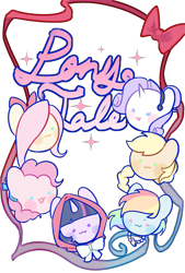 Size: 1181x1748 | Tagged: safe, artist:puzi, imported from derpibooru, applejack, fluttershy, pinkie pie, rainbow dash, rarity, twilight sparkle, earth pony, pegasus, pony, unicorn, :3, blush sticker, blushing, bow, chibi, disembodied head, female, hair bow, hood, horn, jewelry, mane six, mare, necklace, ribbon, simple background, sparkles, text, transparent background