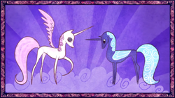 Size: 1920x1080 | Tagged: safe, imported from derpibooru, screencap, princess celestia, princess luna, alicorn, pony, friendship is magic, cloud, duo, female, hooves, horn, mare, my little pony, on a cloud, pink-mane celestia, pointy ponies, raised hoof, royal sisters, s1 luna, siblings, sisters, spread wings, standing on a cloud, storybook, wings