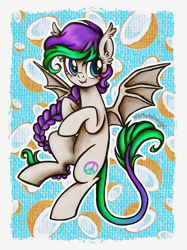 Size: 2248x3000 | Tagged: safe, artist:dariarchangel, imported from derpibooru, oc, oc only, oc:lony, bat pony, pegasus, pony, adorable face, bat pony oc, bat wings, blue eyes, blushing, braid, c:, coconut, cute, cute face, cute little fangs, cute smile, ear fluff, fangs, female, female oc, flying, food, gradient tail, gray coat, green tail, leonine tail, long hair, long mane, long tail, ocbetes, passepartout, patterned background, peace symbol, pegasus oc, pony oc, purple hair, purple mane, raised hoof, smiling, solo, spread wings, tail, traditional art, two toned hair, two toned mane, wings