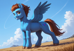 Size: 2432x1664 | Tagged: safe, imported from derpibooru, oc, oc only, oc:remmy, pegasus, pony, ai assisted, ai content, ai generated, blue coat, blue fur, brown eyes, brown mane, brown tail, detailed background, generator:stable diffusion, hazel eyes, looking at you, male, prompter:remtalos, short mane, smiling, solo, solo male, spread wings, tail, wings