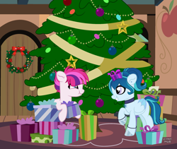 Size: 1280x1080 | Tagged: safe, artist:tkn297, imported from derpibooru, oc, oc only, oc:pink gidgit, oc:winter snow, pegasus, pony, christmas, christmas tree, female, holiday, mare, present, tree