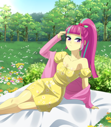 Size: 1050x1200 | Tagged: safe, artist:riouku, imported from derpibooru, sour sweet, equestria girls, blanket, blushing, breasts, bush, clothes, coat, cute, dress, eyeshadow, female, flower, freckles, makeup, solo, sourbetes, sundress, tree