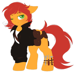 Size: 1800x1763 | Tagged: artist needed, safe, imported from derpibooru, oc, oc only, oc:ignis quark, bag, blacksmith, clothes, coat, one eye closed, saddle bag, tools, wink