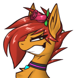 Size: 869x902 | Tagged: safe, artist:fenixdust, imported from derpibooru, oc, oc:ignis quark, collar, emoji, flower, rose, smug