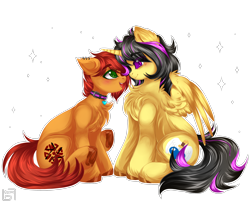 Size: 3434x2850 | Tagged: safe, artist:bizarre_pony, imported from derpibooru, oc, oc:ignis quark, oc:nitro blitzen, earth pony, pegasus, adoration, collar, cute, ear piercing, earring, jewelry, nose to nose, piercing