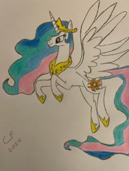 Size: 3024x4032 | Tagged: safe, artist:celestialflare, derpibooru exclusive, imported from derpibooru, princess celestia, alicorn, pony, female, mare, simple background, smiling, solo, traditional art, white background