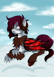 Size: 2893x4092 | Tagged: safe, artist:fleiiha, imported from derpibooru, oc, oc only, oc:daniel albers, hybrid, cloud, commission, demon wings, folded wings, goat horns, heterochromia, horns, looking at you, male, simple background, solo, two pair of wings, wings, ych result