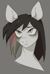 Size: 1050x1550 | Tagged: safe, artist:sociofag, imported from derpibooru, oc, oc only, oc:rainbow despair, pony, bust, chromatic aberration, female, makeup, multicolored mane, portrait, running makeup, solo