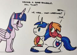 Size: 2048x1472 | Tagged: safe, artist:hoofclid, imported from derpibooru, big macintosh, shining armor, twilight sparkle, alicorn, earth pony, pony, unicorn, dialogue, embarrassed, horn, hug, lying down, marker drawing, open mouth, open smile, prone, smiling, traditional art, trio, twilight sparkle (alicorn), wavy mouth