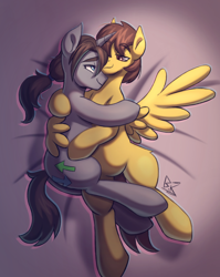 Size: 1812x2282 | Tagged: safe, artist:bkiltersot, imported from derpibooru, oc, oc only, oc:dust, oc:toasty, pegasus, pony, unicorn, bedroom eyes, butt, cuddling, duo, duo male, gay, horn, hug, male, plot, stallion, winghug, wings