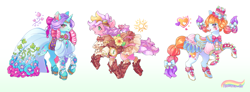 Size: 3856x1412 | Tagged: safe, artist:roccoco-co, imported from derpibooru, ivy, light heart, sundance (g2), earth pony, pony, unicorn, blushing, boots, bow, clothes, dress, female, flower, g2, hair bow, horn, lidded eyes, looking at you, mare, open mouth, open smile, race swap, redesign, shoes, signature, smiling, starry eyes, trio, trio female, unicornified, wingding eyes