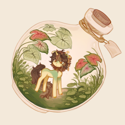 Size: 3150x3150 | Tagged: safe, artist:deadchrltte, imported from derpibooru, oc, oc only, pony, unicorn, flower, flower in hair, grass, high res, horn, pony in a bottle, simple background, solo, terrarium