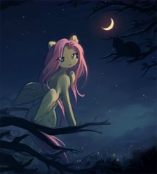 Size: 5670x6282 | Tagged: safe, artist:deadchrltte, imported from derpibooru, fluttershy, cat, pegasus, pony, absurd resolution, city lights, female, in a tree, looking at you, looking back, looking back at you, mare, moon, night, scenery, sitting, solo, tree