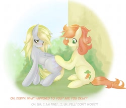 Size: 1280x1094 | Tagged: safe, artist:v-invidia, imported from derpibooru, carrot top, derpy hooves, golden harvest, earth pony, pegasus, pony, blushing, derpytop, duo, female, females only, lesbian, shipping