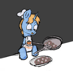 Size: 687x676 | Tagged: safe, artist:dowi, imported from derpibooru, oc, oc only, oc:pepper nogada, pony, unicorn, breakfast, chef, clothes, cooking, cute, food, gray background, horn, male, simple background, smiling, solo, stallion, tongue out