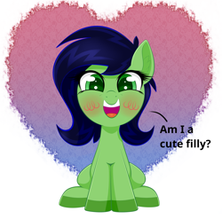 Size: 2303x2279 | Tagged: safe, artist:scandianon, imported from derpibooru, oc, oc:filly anon, bronybait, colored hooves, female, filly, foal, happy, heart, hooves, looking at you, open mouth, open smile, smiling, talking, talking to viewer