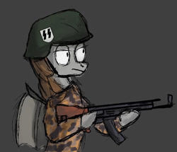 Size: 1125x966 | Tagged: safe, artist:dowi, imported from derpibooru, oc, oc only, oc:devin, bat pony, pony, army, assault rifle, camouflage, clothes, eichenlaubmuster, german, gray background, gun, helmet, holding gun, m42, male, military, oak leaf, paramilitary, pattern, rifle, simple background, sketch, smock, soldier, solo, stahlhelm, stallion, stg-44, uniform, waffen-ss, weapon, wings, world war ii