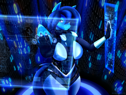 Size: 4080x3072 | Tagged: safe, alternate version, artist:bludraconoid, imported from derpibooru, oc, oc:kyra storm, anthro, pegasus, armor, bodysuit, breasts, clothes, code lyoko, commission, computer screen, crossover, description, female, indoors, numbers, platform, purple eyes, science fiction