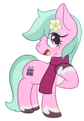 Size: 774x1109 | Tagged: safe, artist:mimiqq, imported from derpibooru, earth pony, pony, breath, clothes, dahlia, flower, flower in hair, g5, happy, looking up, raised hoof, scarf, simple background, smiling, solo, transparent background, unshorn fetlocks, winter, winter outfit