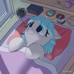 Size: 900x900 | Tagged: safe, artist:nutellaenjoyer, imported from derpibooru, coco pommel, earth pony, pony, alarm clock, bed, blanket, clock, female, lying down, mare, needle, pillow, thread