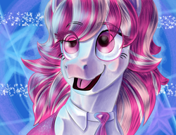 Size: 1300x1000 | Tagged: safe, artist:banco, imported from derpibooru, horse, blue background, candi (wild manes), colored, female, simple background, smiling, solo, solo female, white coat, wild manes