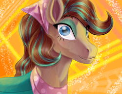 Size: 1300x1000 | Tagged: safe, artist:banco, imported from derpibooru, horse, blue eyes, brown coat, brown mane, cocoa (wild manes), female, looking at you, makeup, saddle, simple background, smiling, smiling at you, solo, solo female, tack, wild manes, yellow background